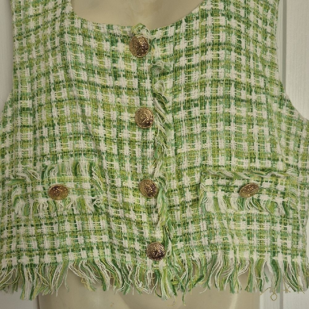 Zara Green and White Tweed Buttoned Blouse - Picture 7 of 16